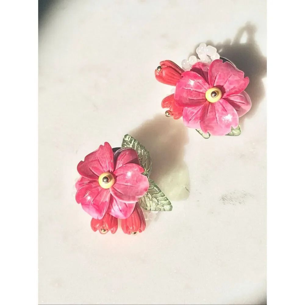 Strawberry pink flower beaded stud earrings